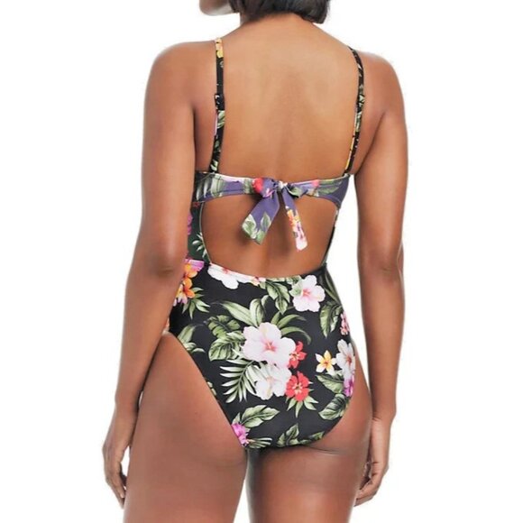 Bar III Women's Floral Keyhole One-Piece Swimsuit Navy Blue Size Medium NWT - Picture 2 of 8